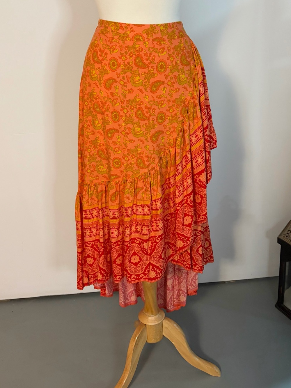 Sunset orange and red paisley ruffle front high low flowy skirt